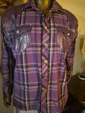 Rebel Spirit Purple Plaid Button-Up Shirt with Shiny Faux Leather Accents